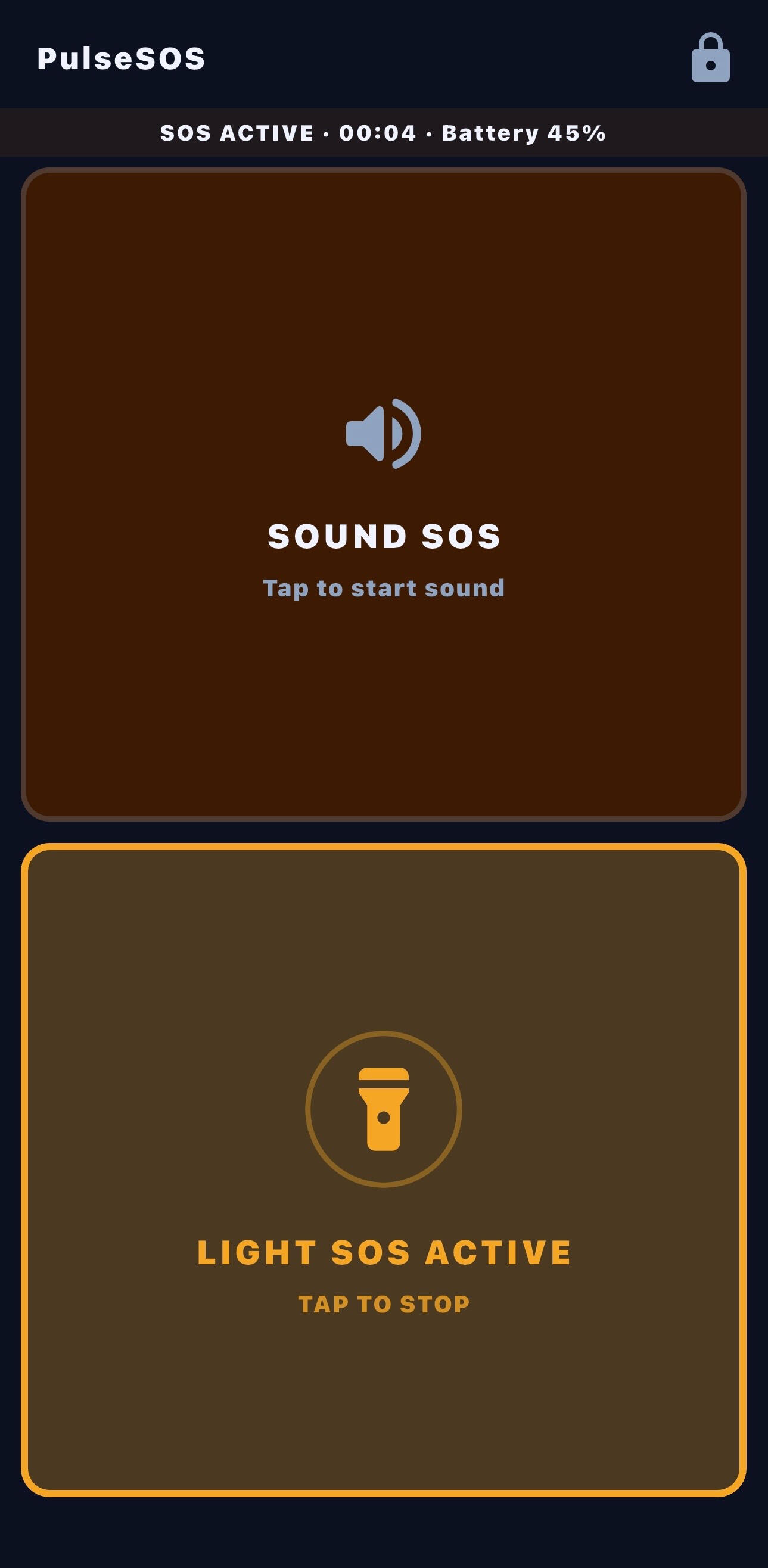 PulseSOS main screen showing Sound SOS and active Light SOS controls